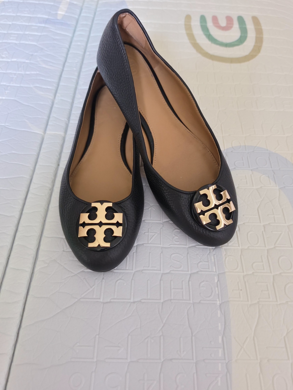 Tory Burch Black Leather Reva Ballet Flats with Gold Logo